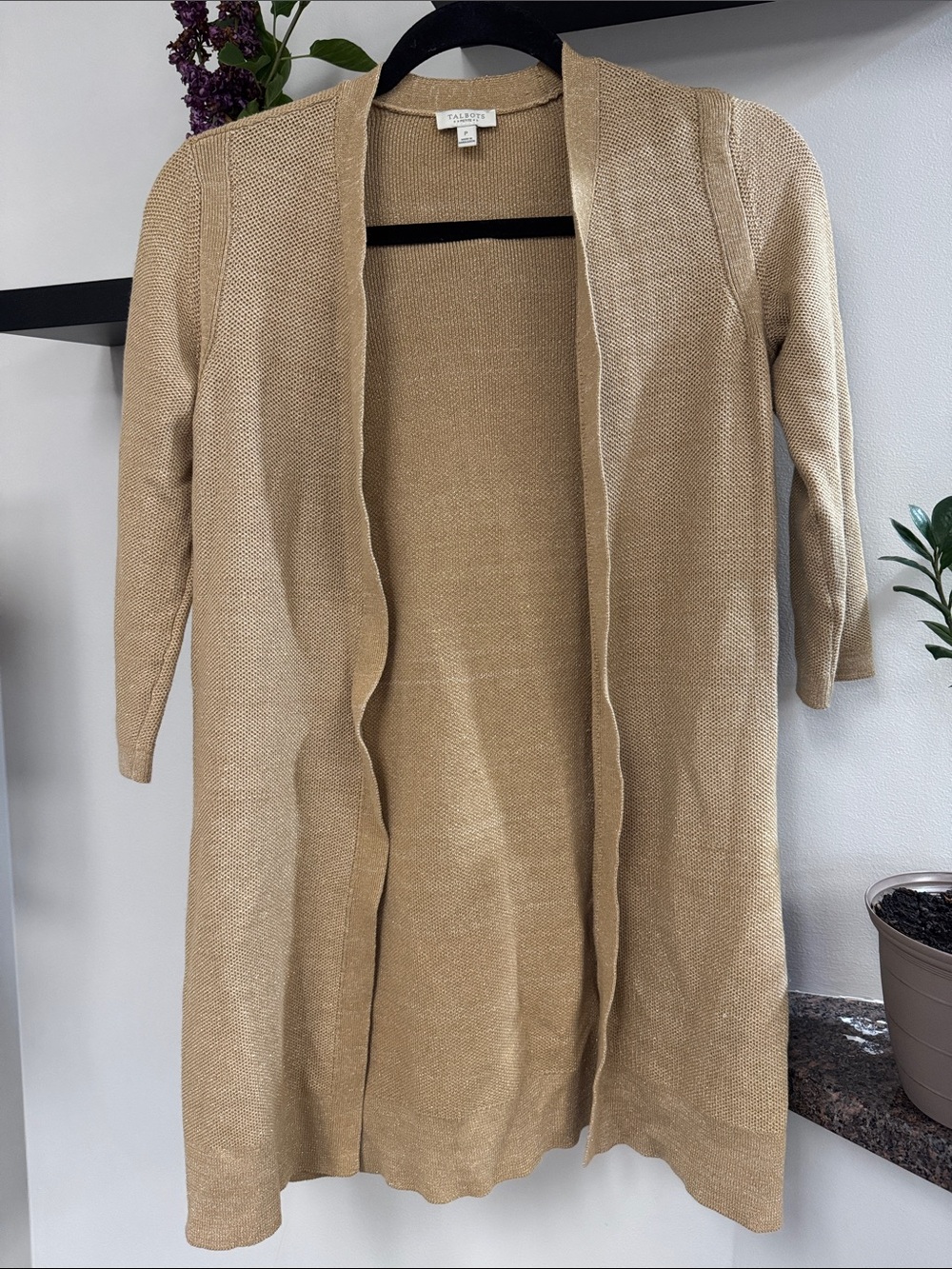 Talbots Tan With Gold Open-Front Long Cardigan Size P